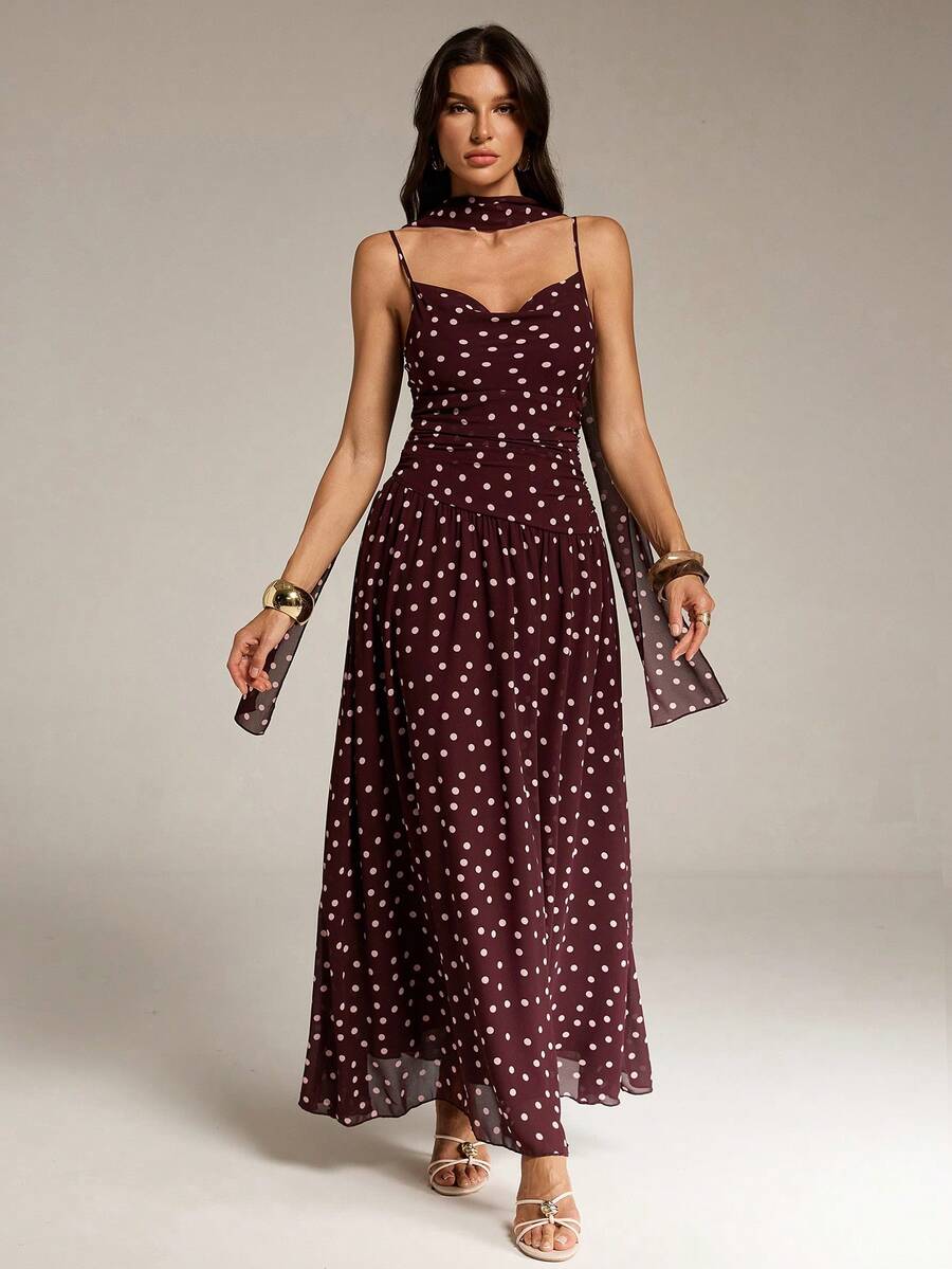 SHEIN Tall Đầm không tay chấm bi màu nâu lãng mạn mùa xuân/hè dành cho nữ, có dây buộc cổ, ngọt ngào và thanh lịch, thích hợp cho kỳ nghỉ, hẹn hò, lễ hội, đi chơi và ngày Valentine, trang phục mùa xuân cho nữ. - màu nâu - Xem 1
