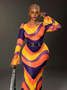Plus Size Women Rainbow Mesh Overlay Dress - Orange - View 6