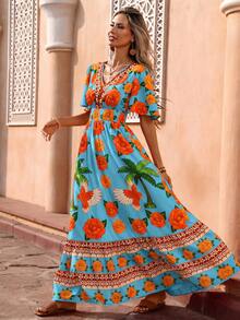 Flora Isola Flora Isola Women Bohemian Tropical Maxi Dress Spring Summer Blue Floral Print Multi-Color Elegant Romantic Light Luxury Outfit For Island Vacation Beach - Blue - View 3