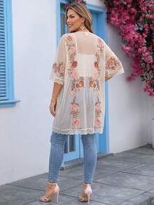 Miaspire Plus Size Women Floral Print Lace Patchwork Kimono Cardigan Blouse For Women Casual Elegant Western Outfits For Women Plus Size Floral Print Blouse Short Sleeve Blouse Zoo Outfits Women Zipper Top - Multicolor - View 2