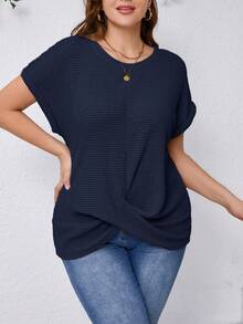 SHEIN Clasi Plus Size Summer Minimalist Solid Color Textured Batwing Sleeve T-Shirt - Navy Blue - View 3