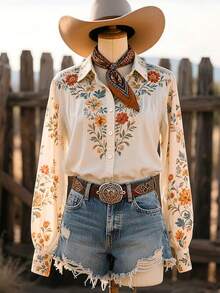 NostaNoir Women's Summer New Floral Print Front Button Vacation Shirt, Suitable For Daily Wear - Multicolor - View 1