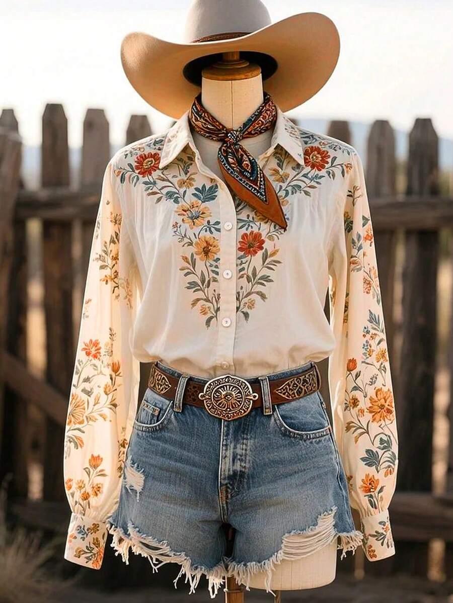 NostaNoir Women's Summer New Floral Print Front Button Vacation Shirt, Suitable For Daily Wear - Multicolor - View 1