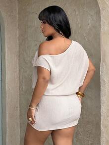 Rustia Gaun Midi Minimalis Kasual Bertekstur Leher Asimetris Warna Polos Ukuran Plus, Musim Semi/Panas - Khaki - View 2