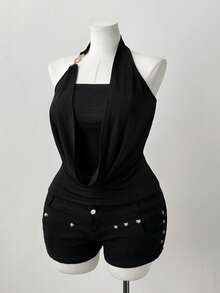 Sunspun Plus Size Draped Neck Loose Elegant Stretchy Top, Suitable For Vacation, Dating, Party - Black - View 7