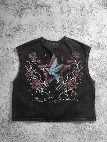 Manfinity ZONE917 Áo nam in họa tiết hoa và ngôi sao năm cánh, kiểu dáng thường ngày đa năng.