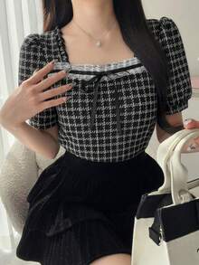 FRIFUL Áo thun nữ kẻ caro dáng rộng, có dây rút, thích hợp mặc mùa hè. - màu đen - Xem 3