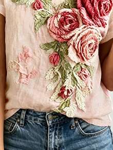 Women's V-Neck Floral Applique Casual Short Sleeve T-Shirt, Summer - Multicolor - View 4