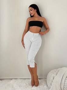 SHEIN SXY Quần legging lửng 7/8 cạp cao, họa tiết kẻ sọc, xẻ tà kim loại. - Đen và trắng - Xem 4