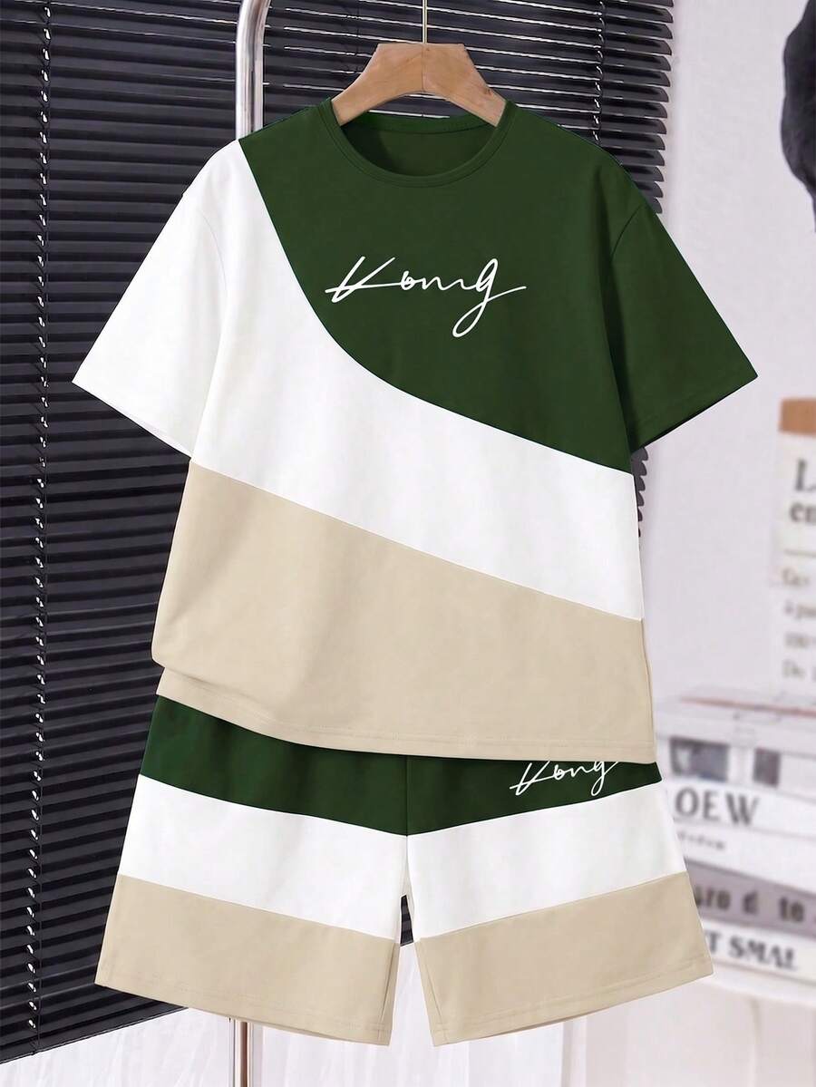 Tween Boys T-Shirt Set, Summer Green, White, Apricot, Fluid Wave Color Block Patchwork Set, Big Kids Casual Short Sleeve Shorts 2-Piece Set, Children's Korean Style Cool Chest Text Print Design - Multicolor - View 1