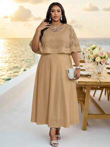 Fleurora Plus Size Brown Summer Country Elegant Wedding Guest 2-Piece Set,Round Neck Sheer Top And Sleeveless Dress Outfit For Women,Formal Special Occasions - Khaki - View 6