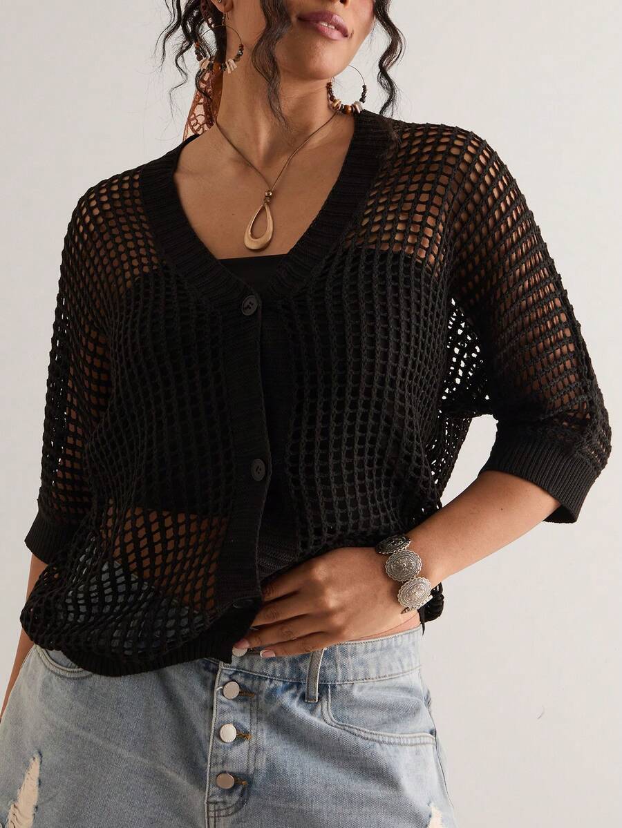 Freevana Cárdigan holgado con mangas 3/4, estilo sexy y calado, de malla, verano 2026 - Negro - Ver 1