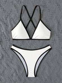 Bonvoyette Contrast Color Trim Tankini Swimwear Set - Black and White - View 2