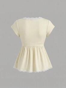 Elamini Áo thun nữ cổ chữ V buộc dây màu trắng kiểu Pháp lãng mạn phối ren, thích hợp mặc mùa xuân/hè. - Màu be - Xem 5