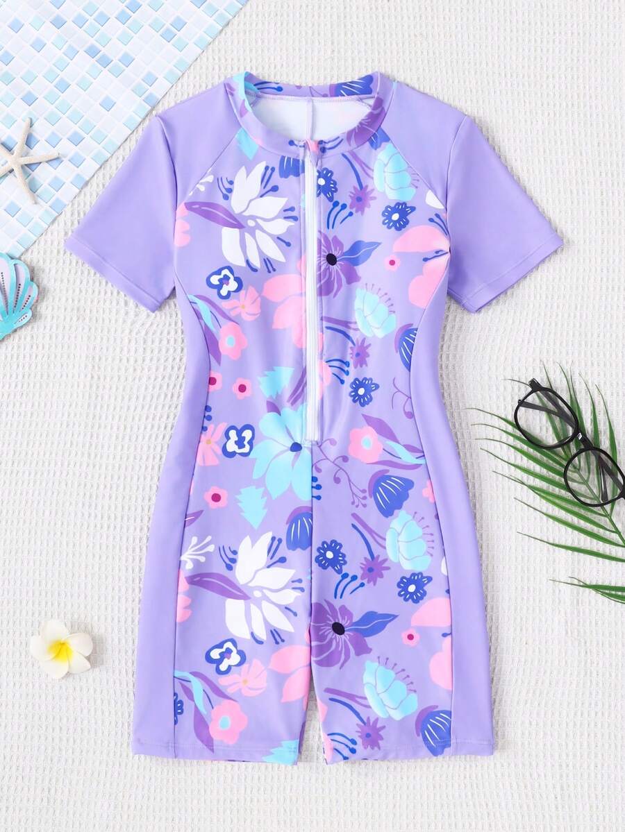 SHEIN Traje de baño de una pieza con cremallera con estampado floral tropical morado para niñas preadolescentes, ideal para vacaciones en la playa - Morado - Ver 1