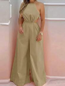 EMERY ROSE Women's Casual Halter Tie Back Straight Leg Jumpsuit - Khaki - View 3