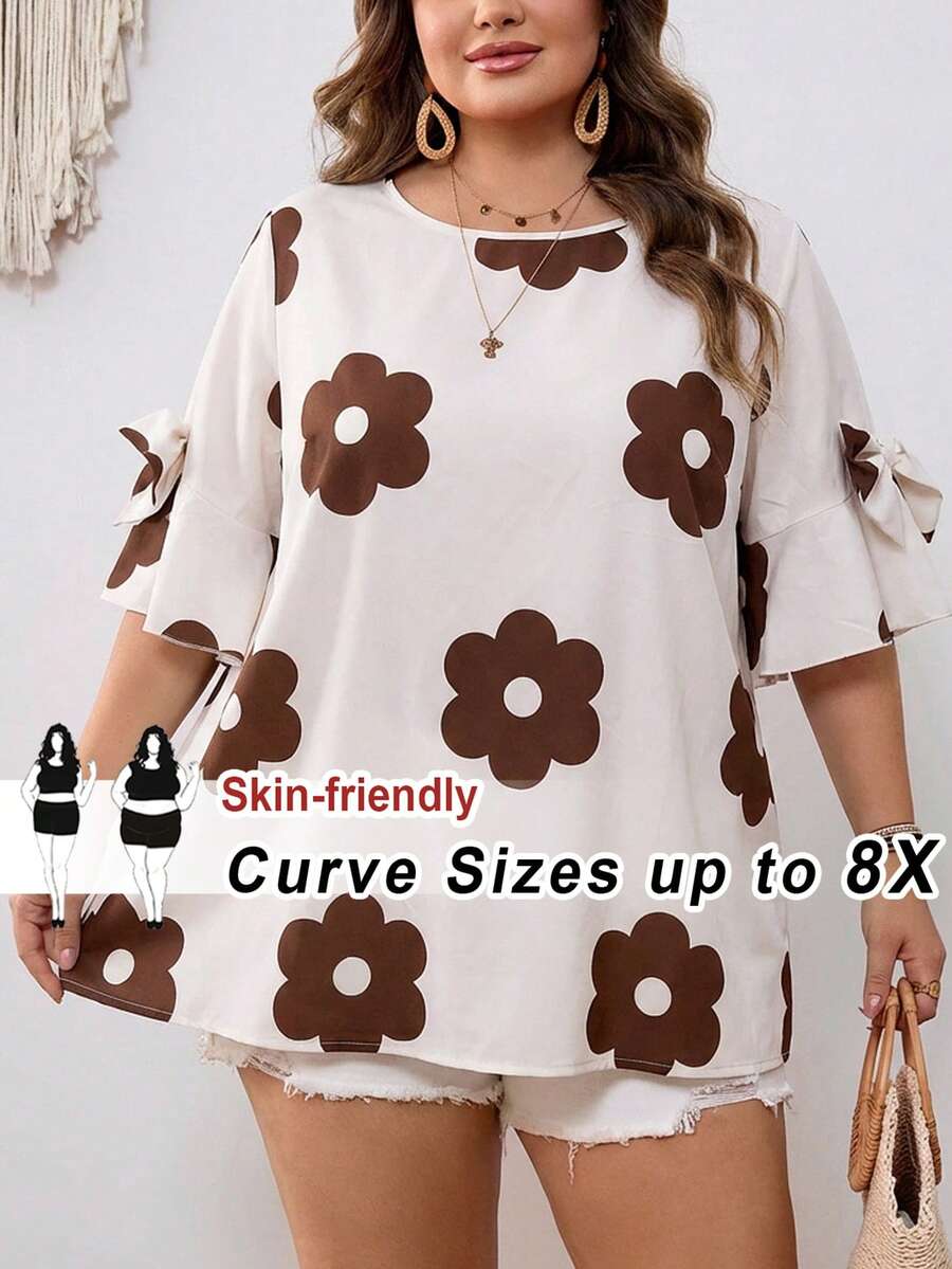 SHEIN CURVE+ Curve 尺码 US22 音乐节、海滨度假、波西米亚风女士蝴蝶结装饰圆领紫红色衬衫，夏季 - 彩色 - 查看 1