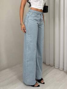 SHEIN TRNDY Quần jeans ống đứng cạp thấp kẻ sọc kiểu dáng thường ngày - Rửa nhẹ - Xem 4