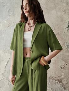 Aveloria Modichic Women's Linen-Like Loose Metal Asymmetric Button Short Sleeve Blazer And Straight Leg Pants Suit Set, Olive Green Short Sleeve Blazer, Single Button Design, Loose Silhouette, 7/8 Straight Leg Pants, Minimalist Casual Suit, Lightweight Crinkle Fabric, Office & Business Casual, Spring/Summer Wear, Comfortable, Suitable For Daily Office And Business, Natural Drape, Flattering For All Body Types, Easy To Style For Holidays - Green - View 5