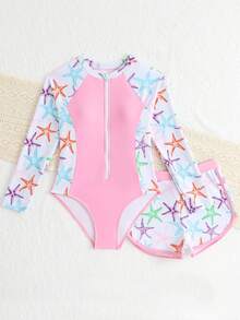 SHEIN Setelan Baju Renang Lengan Panjang 2 Potong untuk Remaja Perempuan, Motif Tropis dengan Celana Pendek, Resleting Depan, Kerah Tinggi, Baju Renang Penutup Penuh, Musim Panas, Pantai, Liburan - Berwarna merah muda - View 4
