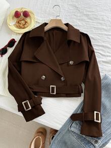 Comfortcana Plus Size Retro Brown Short Trench Coat With Collar, Suitable For Spring And Autumn - Brown - View 6