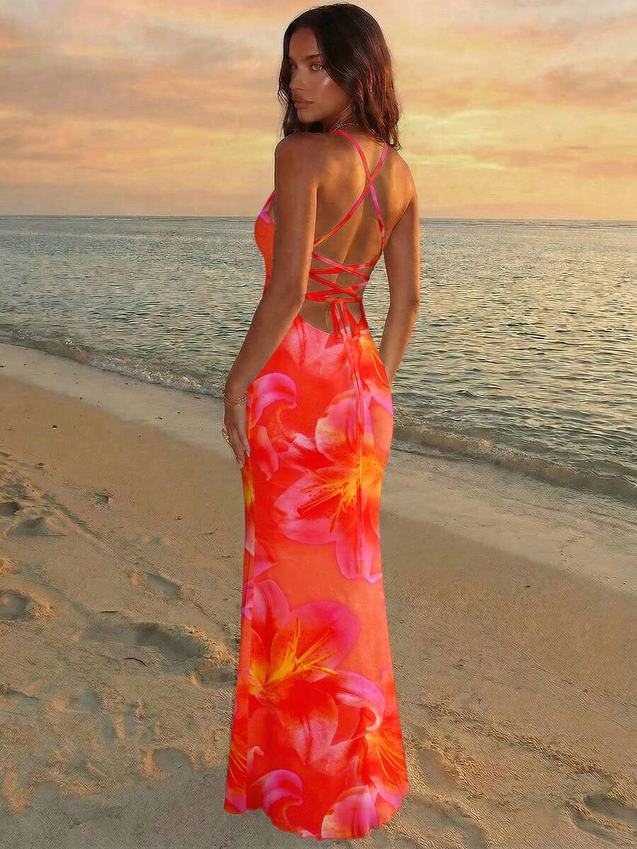 Aloruh Women's Elegant Floral Print Backless Halter Dress - Multicolor - View 1
