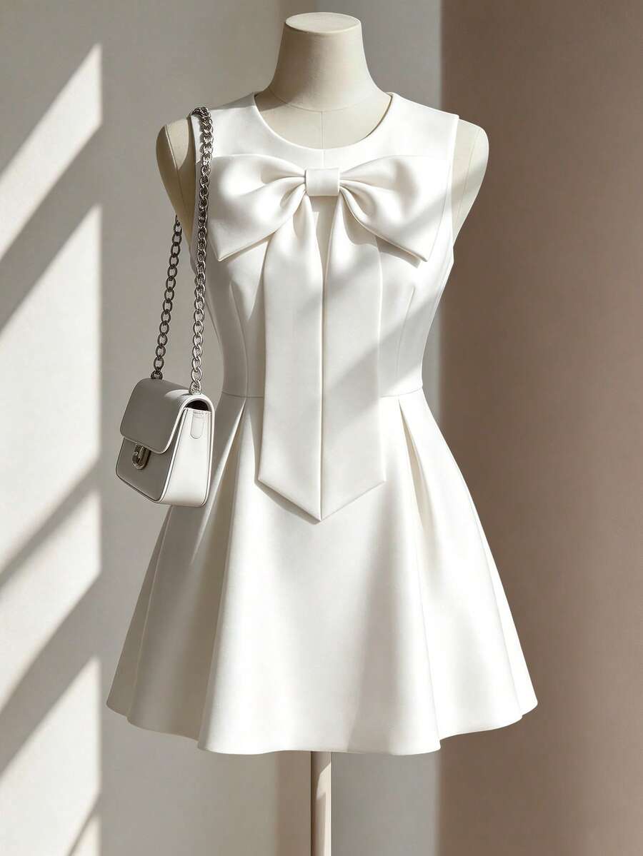 Women's Elegant Front Bow Pleated A-Line Dress, Suitable For Daily Commute And Dates - Ivory White - View 1