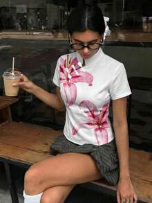 Aloruh 女士优雅甜美东方风水彩花卉新款中式纽扣领短袖收腰衬衫 - 春夏柔美复古风，适合外出、返校、音乐等场合 - 彩色 - 查看 6