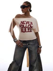 SHEIN EZwear Damen-T-Shirt in Große Größen mit Buchstabenprint, asymmetrischer Schulter, kurzen Ärmeln und Twist-Front, Beige, Sommer, Lässig, Business, Alltagsmode, Abendoutfit - Aprikosenfarben - Übersicht 4