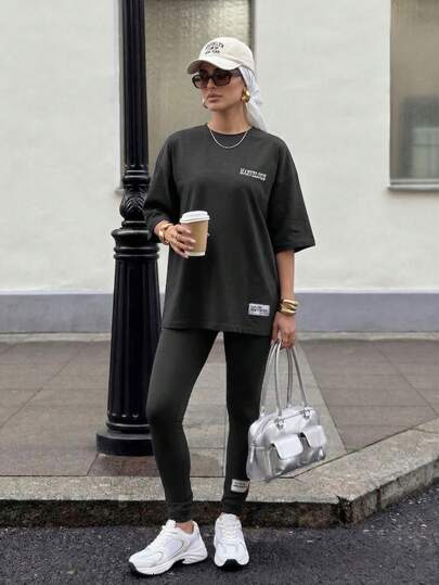 Solavon Set de 2 piezas de conjunto casual de camiseta oversize con estampado de letras y pantalones para mujer en verano