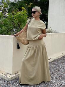 DAZY 2pcs/Set Women Casual Round Neck Short Sleeve Top And Skirt - Green - View 1