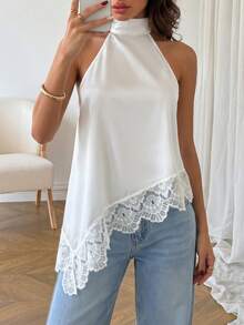 EURMUSE Women's High-Neck Halter Blouse With Asymmetrical Lace Hemline And Flowy Silky Texture Statement Top, Elegant Summer Collecion, Pinterest Look - White - View 2