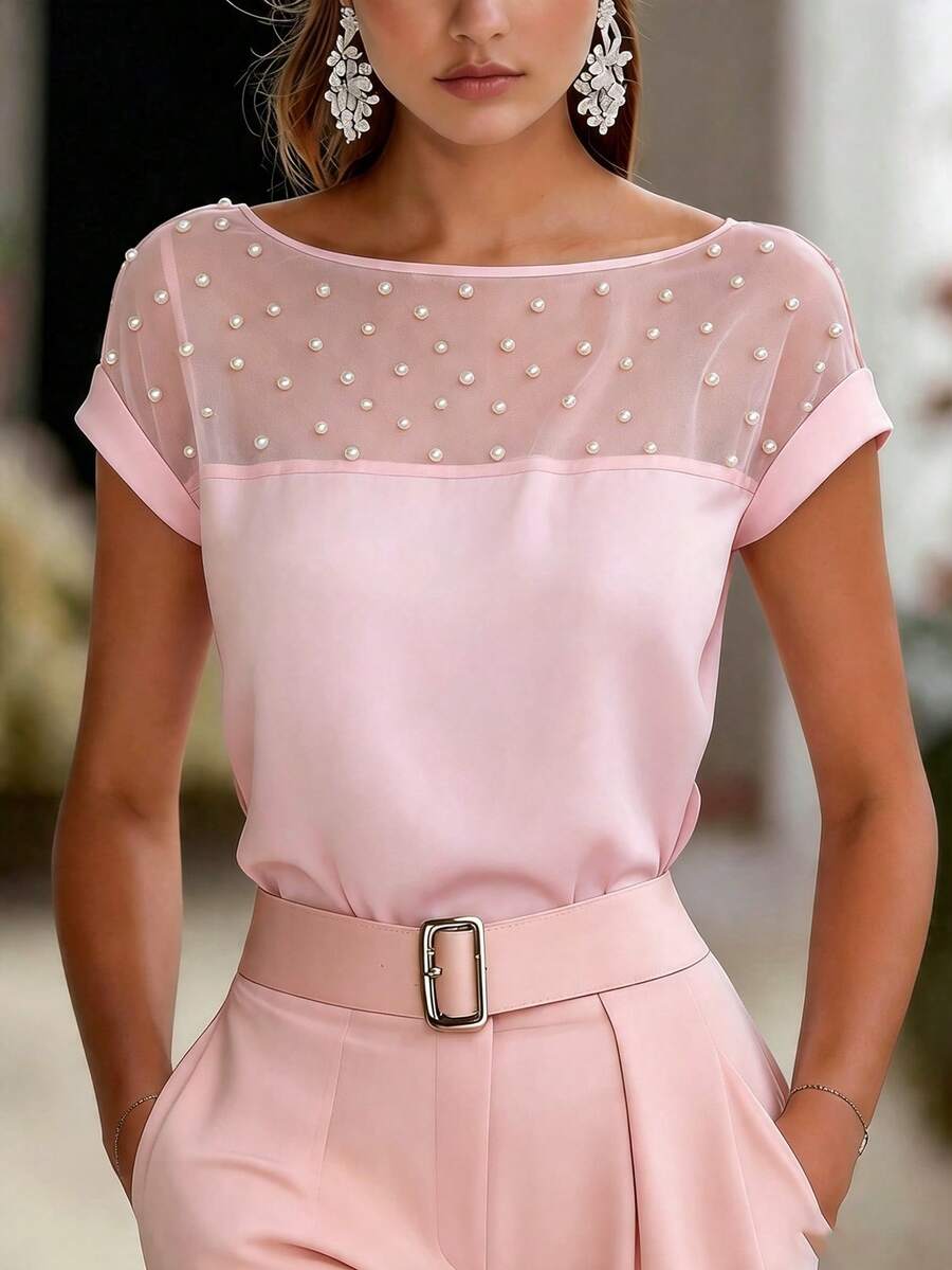 EMERY ROSE Blus Lengan Pendek Wanita Warna Pink Model Baru untuk Musim Semi/Panas, Motif Rajutan, Kasual, Elegan, dan Mewah - Baby Pink - View 1