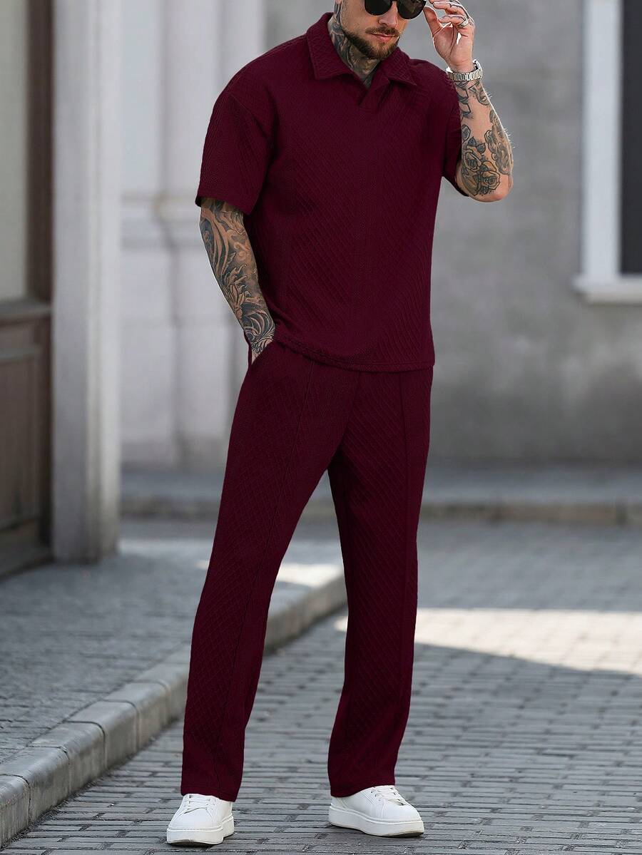 Manfinity Homme Conjunto de camisas polo casuales de manga corta con textura para hombre - Burdeos - Ver 1