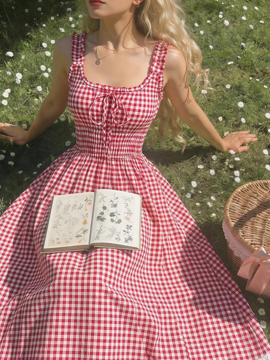 Skyraze Vestido de verano con volantes y corbata de moño a cuadros rojos y blancos - Rojo y blanco - Ver 1