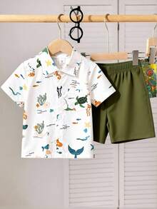 SHEIN 男童海洋动物印花短袖衬衫短裤套装（2件），适合度假、户外探险、海滩周末、海岛风情、夏季穿着 - 綠色 - 查看 3