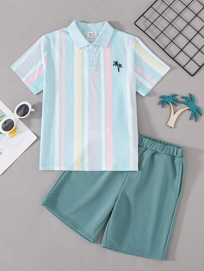 SHEIN 男童撞色条纹短袖Polo衫和短裤套装