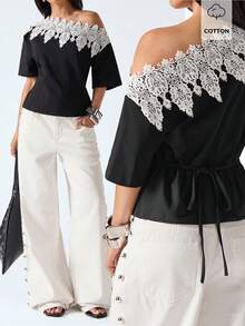 LYSMO 2026 New Arrive Minimalism Spring/Summer Women's Elegant Contrast Color Lace Patchwork Asymmetric Neck Tie Waist T-Shirt, Summer,Top Solid Color Contrast Lace Round Neck Fashion T-Shirt Summer Outfit For Women Casual Blouses For Women Ruffle And Lace Top Casual Outfit For Women,Summer Top - Black - View 5