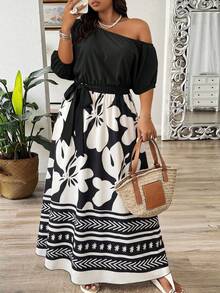 Weeklong Vestido asimétrico de hombro con estampado floral y patchwork para vacaciones de talla grande - Multicolor - Ver 5