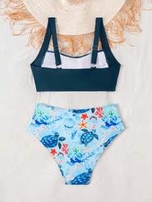 Swim Lushoire Conjunto de bikini de 2 piezas de talle alto para mujer Swim Chiccia, traje de baño con estampado de tortuga marina y frente retorcido con tirantes anchos - Multicolor - Ver 8
