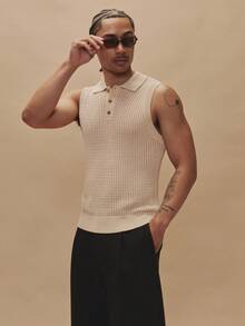 Fitted Waffle Polo Style Button Up Sleeveless Vest Collared Sweater Tank Top Spring Summer Essentials Holiday - Apricot - View 4