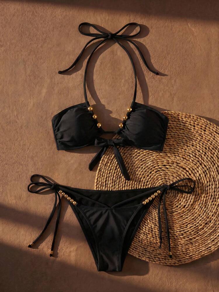 Women's Summer Beach Vacation Style Beaded Backless Tie-Front Split Bikini Set