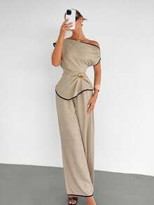 Siren Gaze Elegant Women's One-Shoulder Top And Wide Leg Pants Two Piece Outfit Set In Beige, Shoulder Metal Decor Outfit For Women,Summer Outfits For Women - Apricot - View 6