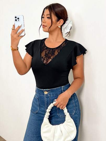 Lounesse Bộ áo liền thân ren đen xếp nếp dành cho nữ cỡ lớn, hàng mới về mùa xuân/hè 2026.