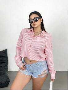 Vionelle Korean Style Collegiate Blue Striped Cropped Shirt For Women - Pink - View 4
