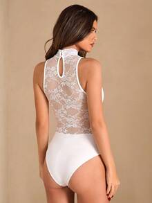 SHEIN BAE Women's Elegant Lace Patchwork Halter Neck Bodysuit, Tight Fit White Seductive Bodice For Party Night,Summer Cocktail Party Date Outfit - White - View 2