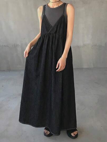FRIFUL Đầm yếm denim nữ kiểu dáng thường ngày, thích hợp mặc hàng ngày.