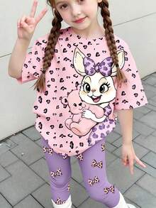 2pcs/Set Young Girls Cute Vintage Rabbit & Leopard Bow Print Top,Tight Shorts,Light Pink,Summer Casual Outfits,Korean Style,Y2K,Kawaii,Cottagecore Set - Multicolor - View 2