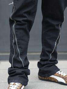 Manfinity EMRG Men's Casual Zip Detail Slant Pocket Denim Jeans - Black - View 4