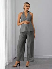 Momance Set de maternidad de 2 piezas: Top con escote halter, lazo en la espalda y pliegues en A + Pantalones rectos a rayas - Negro - Ver 3